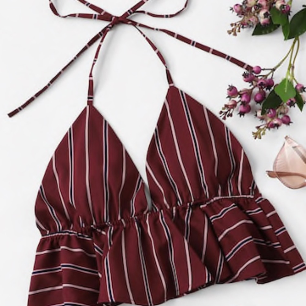 Red striped ruffle hem halter top